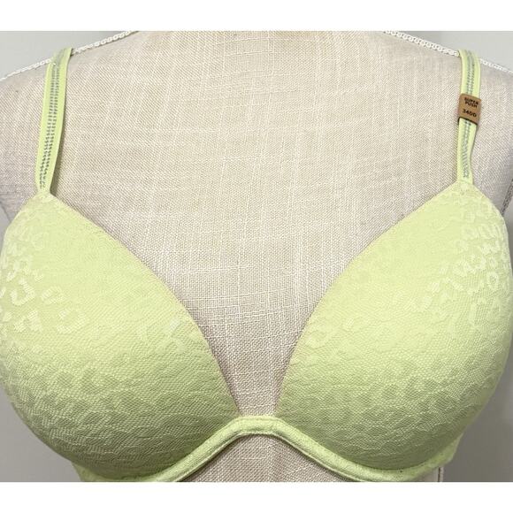 New Victoria's Secret PINK SUPER PUSH-UP BRA Green Lace Rhinestone Shine 34DD - Picture 1 of 3